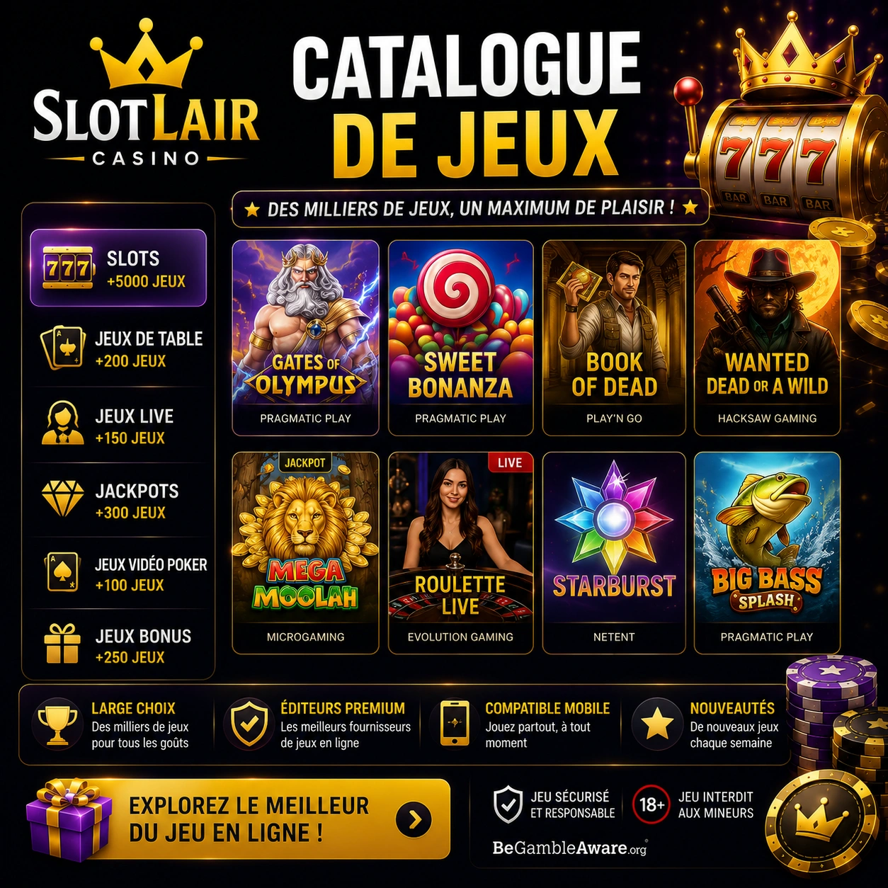 Catalogue de jeux : l’univers de Casino Slotlair